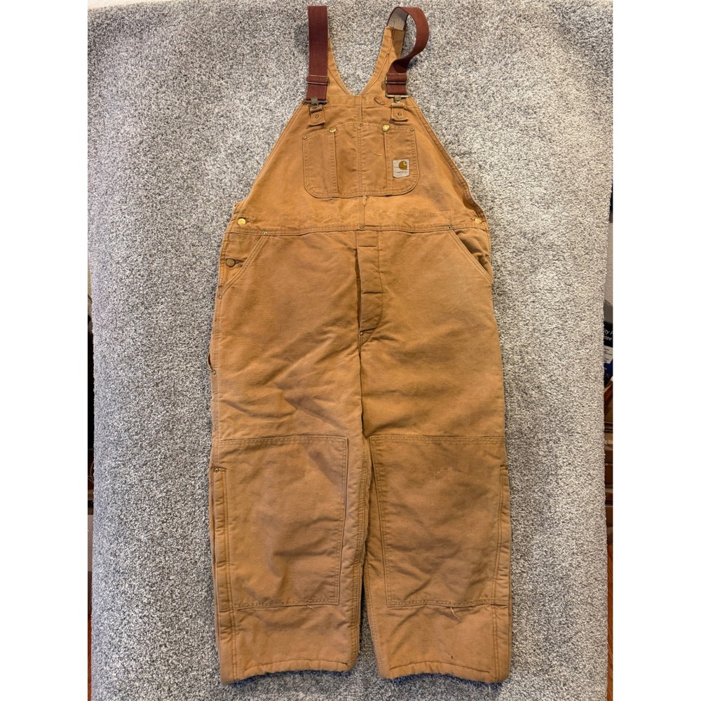 Carhartt Bib Overalls Mens 44x25* Brown Duck Bib Double Knee Quilt Lined USA *